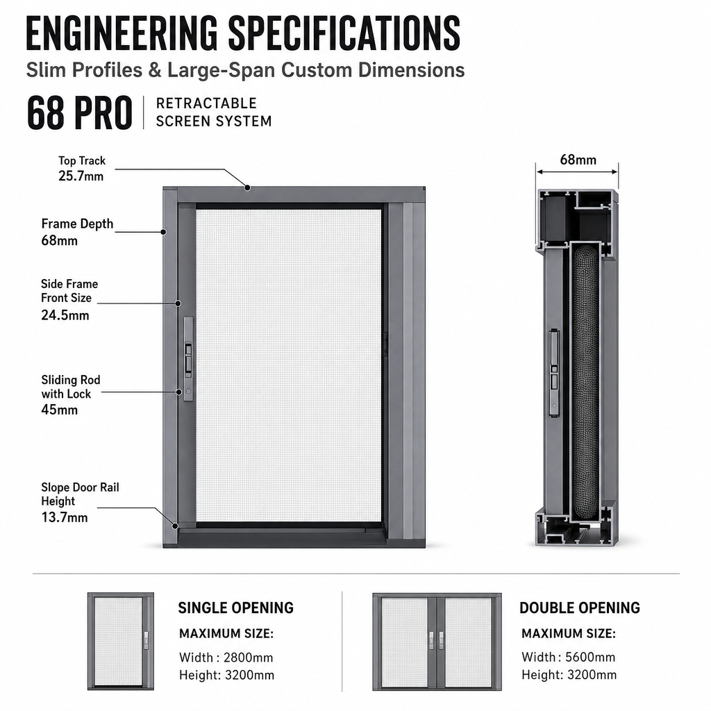 68 PRO Retractable Screen Door and Window Ultra Slim Aluminum Frame Fly Mosquito Mesh with Lock for Patio Balcony