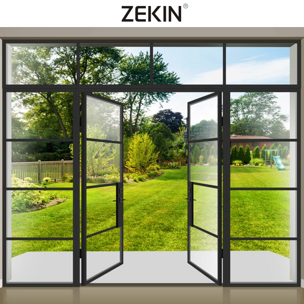Zekin Black Grill Entrance Swing Doors French Door Aluminum Tempered Glass Casement Entry Door for Interior