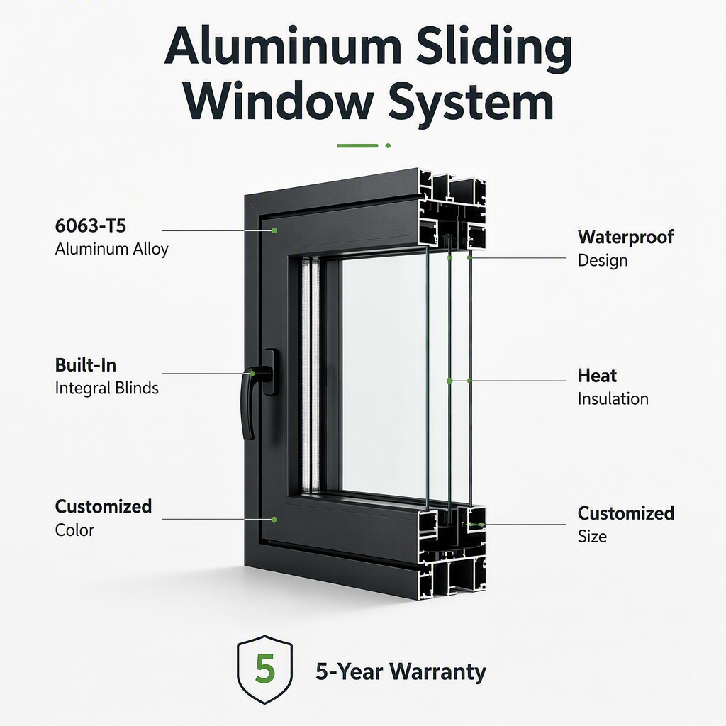 Gray Aluminum Sliding Window with Built-In Integral Blinds & Waterproof Modern House Balcony Living Room Design