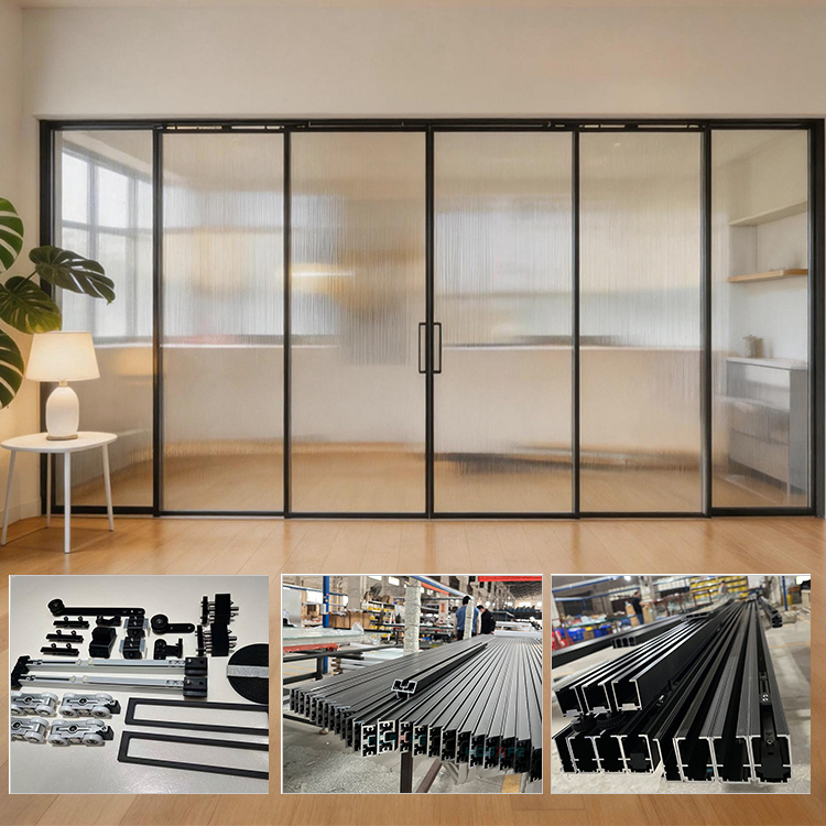 HDSAFE Telescopic Aluminum Sliding Door Hardware Set Slim Frame Living Room Office Partition Soft Close Fluted Glass Door System