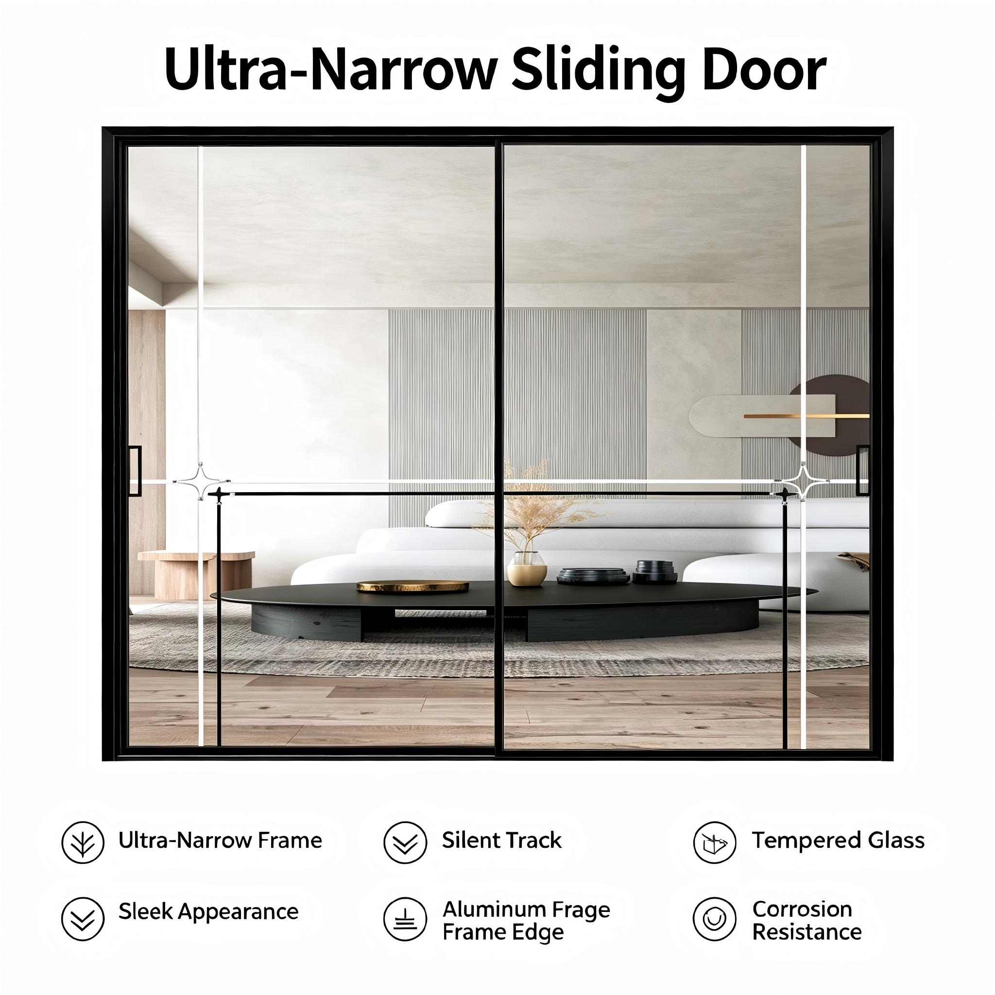 Aluminium Ultra Narrow Frame 2-Panel Interior Sliding Door Smoked Glass Soft Close Minimalist Living Room Divider OEM Wholesale