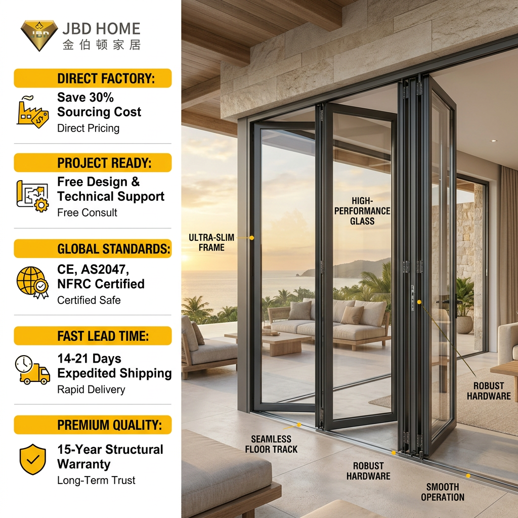 Custom Outdoor Patios Heat Insulation Aluminum Folding Door Glass Door Fold Moisture Resistant Exterior Bi Folding Sliding Door