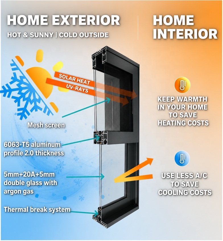 Modern Aluminum Alloy Sliding Windows Double Tempered Glazed Stainless Steel Screen Energy Star Qualified Exterior Kitchen