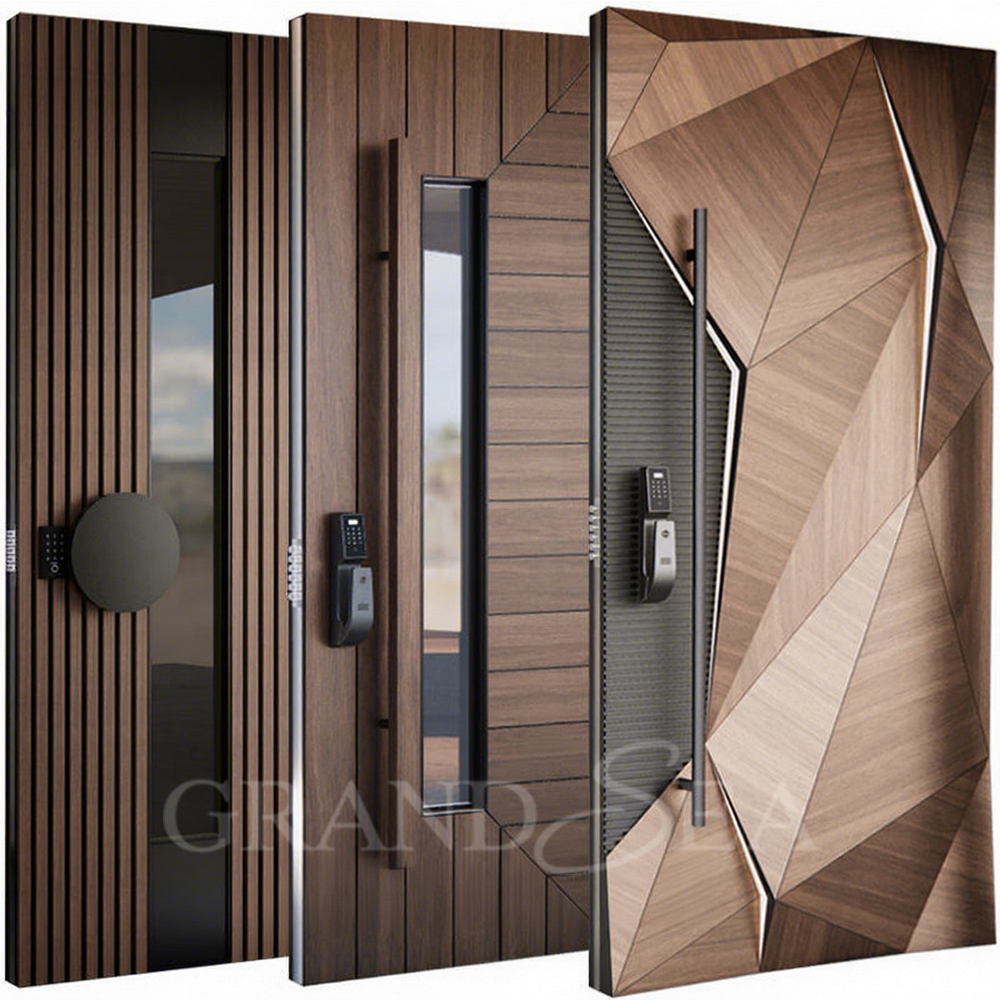 Classic American Style Design Home Entrance Steel Door With Anti-theft Security Stripes Aluminum Wood Pivot Door For House