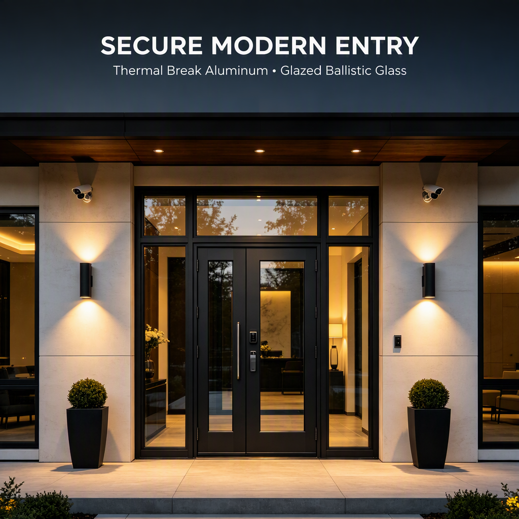 Thermal Break Aluminum Security Entry Door Glazed Ballistic Glass Waterproof Exterior Front Door