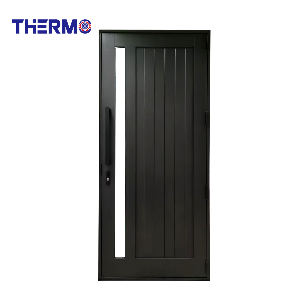 Therm Modern Exterior Vertical Glass Insert And Wood Grain Finish Aluminum Entrance Door