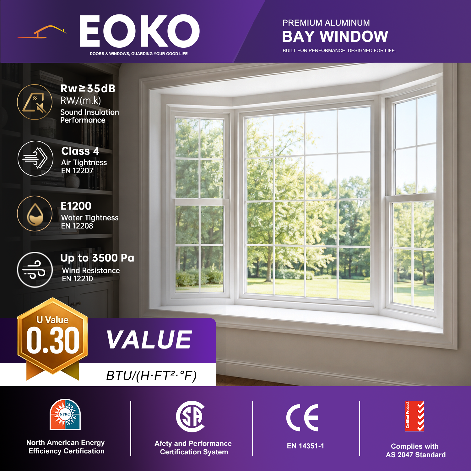 EOKO Custom Aluminum Bay and Bow Window with Double Glazing Thermal Break Window for Energy Efficient Residential House Design