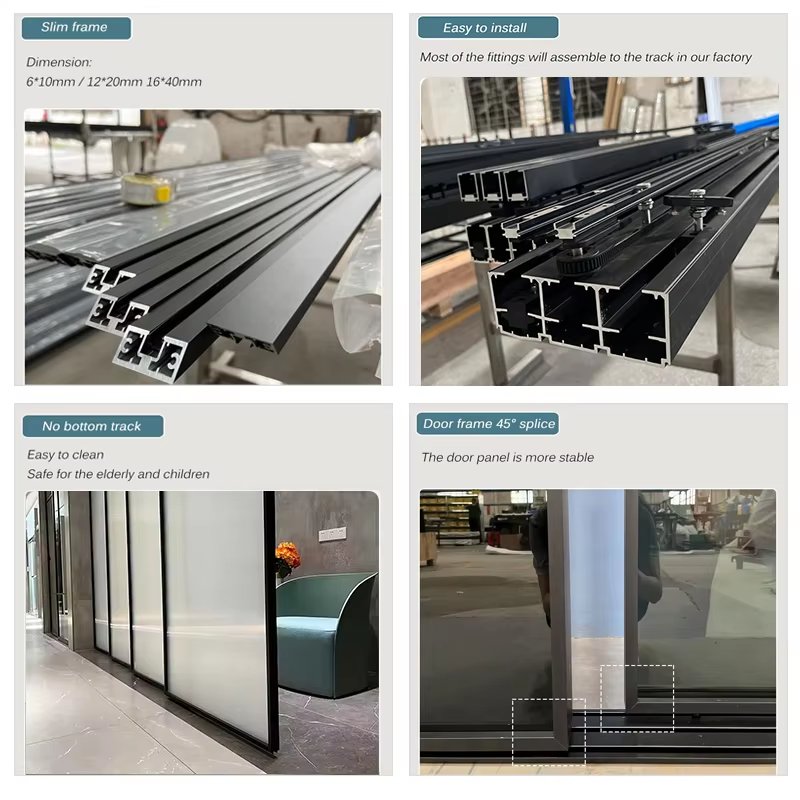 HDSAFE Telescopic Aluminum Sliding Door Hardware Set Slim Frame Living Room Office Partition Soft Close Fluted Glass Door System
