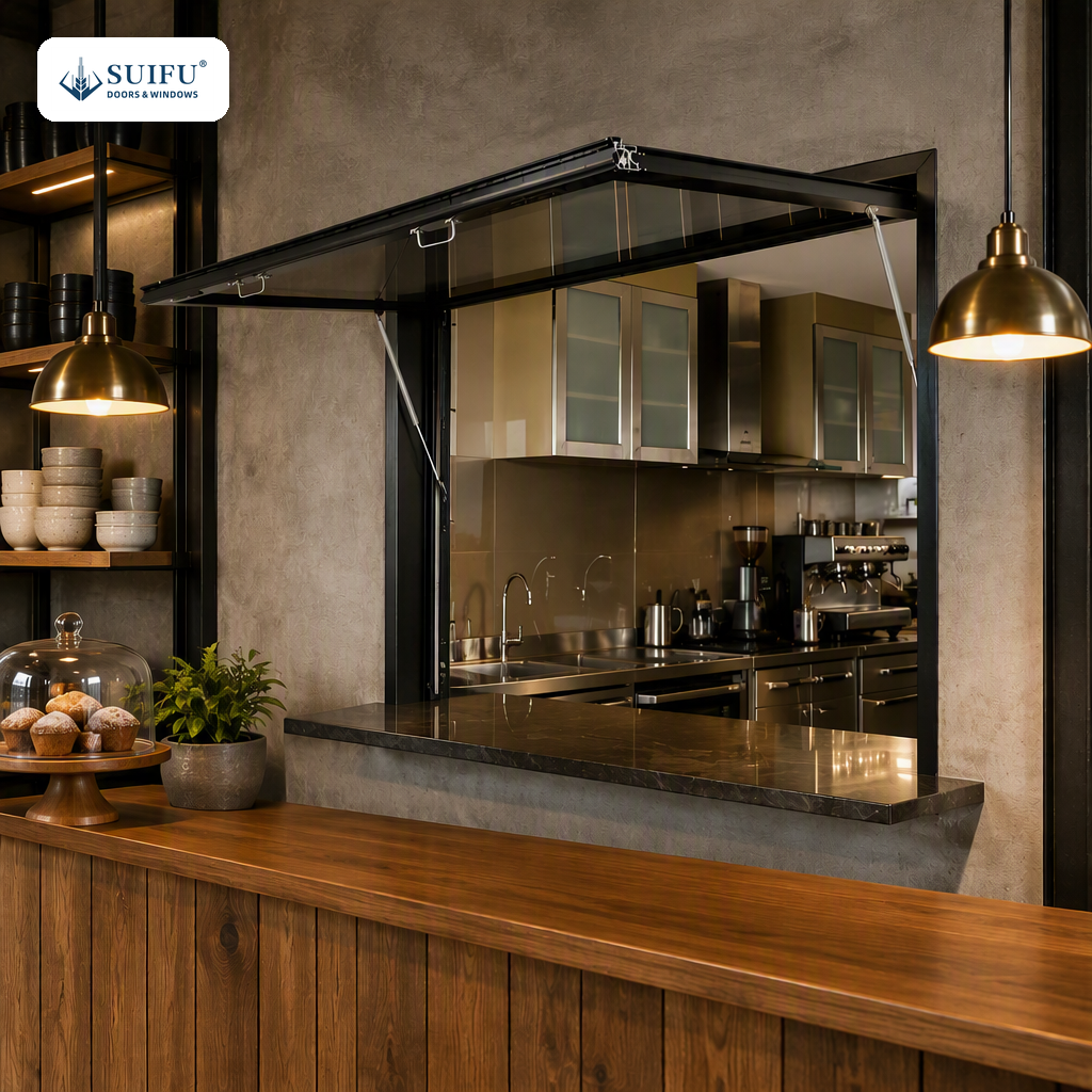 Aluminum Alloy Servery Window Gas Strut Pass Through Window Flip Up Awning Design Tempered Glass for Kitchen Cafe Bar