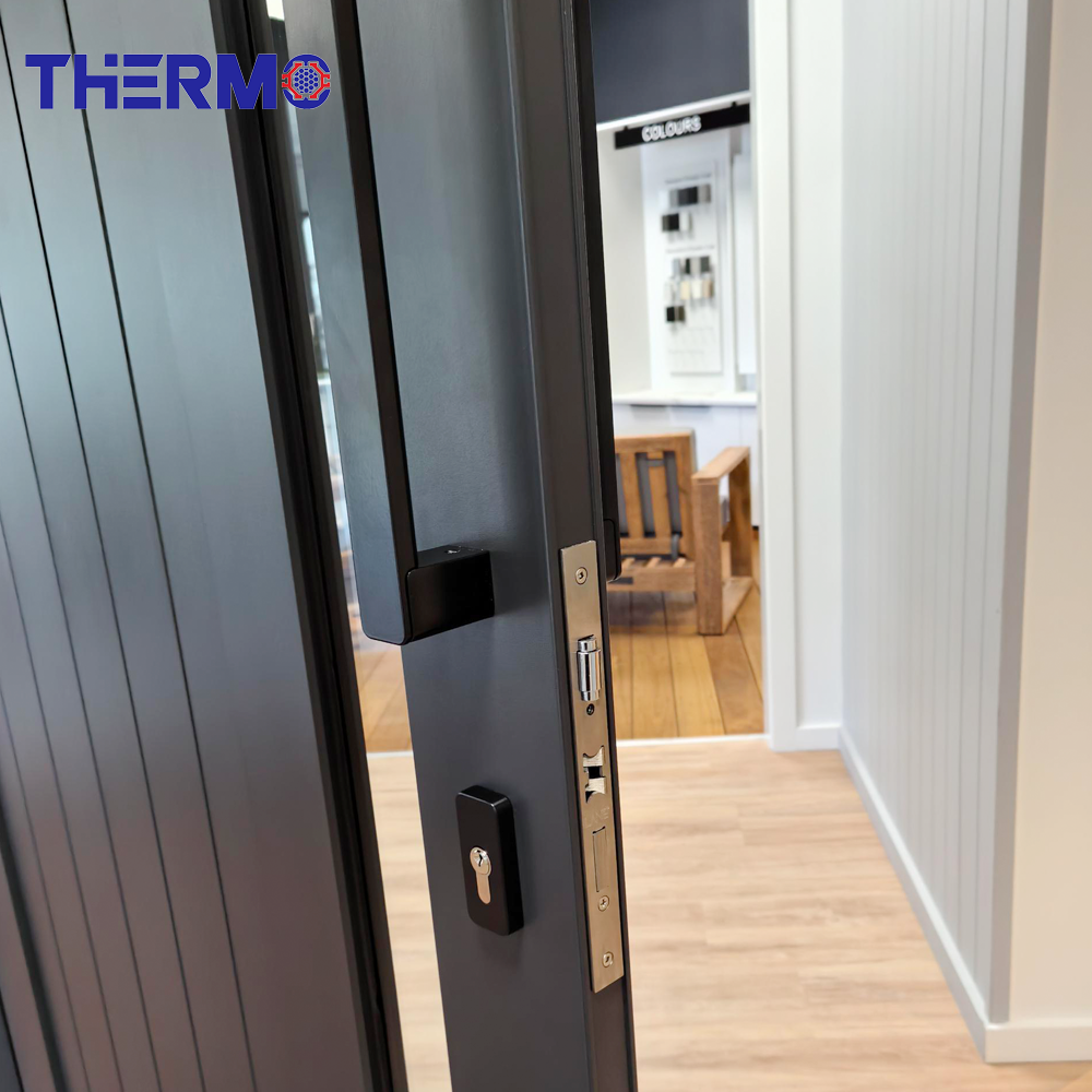 Therm Modern Exterior Vertical Glass Insert And Wood Grain Finish Aluminum Entrance Door