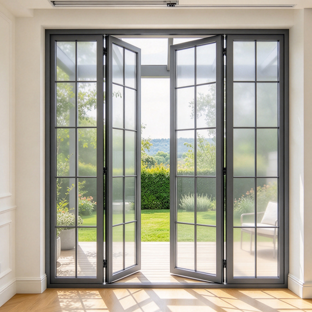 Thermal Break Soundproof French Grille Aluminum Frame Glass Folding Door For Villa Patio
