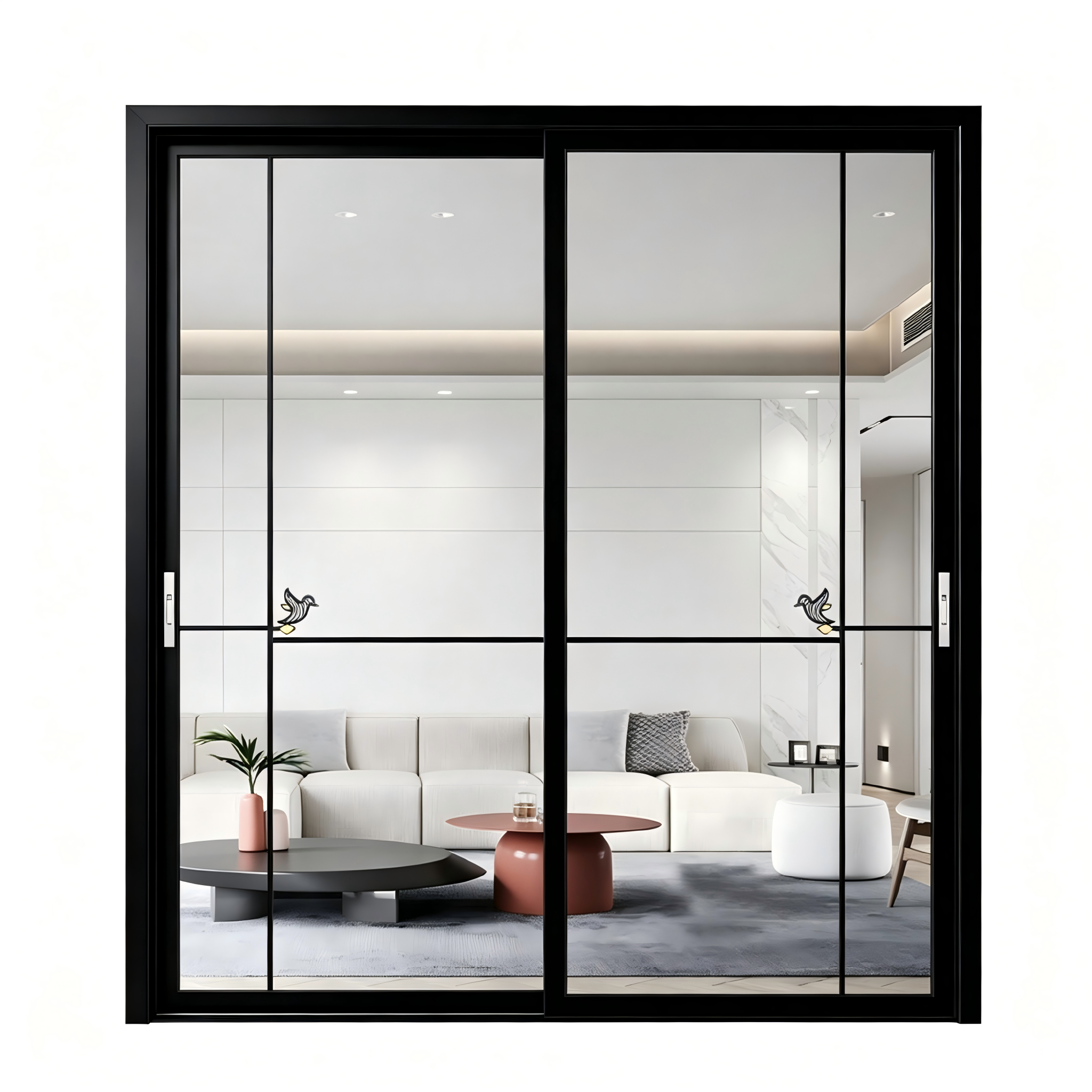 Aluminum Ultra Slim Graphite Grey Frame Traditional Design Interior Sliding Door Muntin Bar Clear Glass Soft Close Home Office
