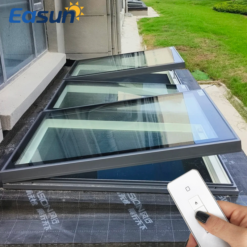 Electric Hinged Top Hung Skylight with Flashing Kit Aluminum Pitched Roof Window for Asphalt Shingle Roof Loft Vent