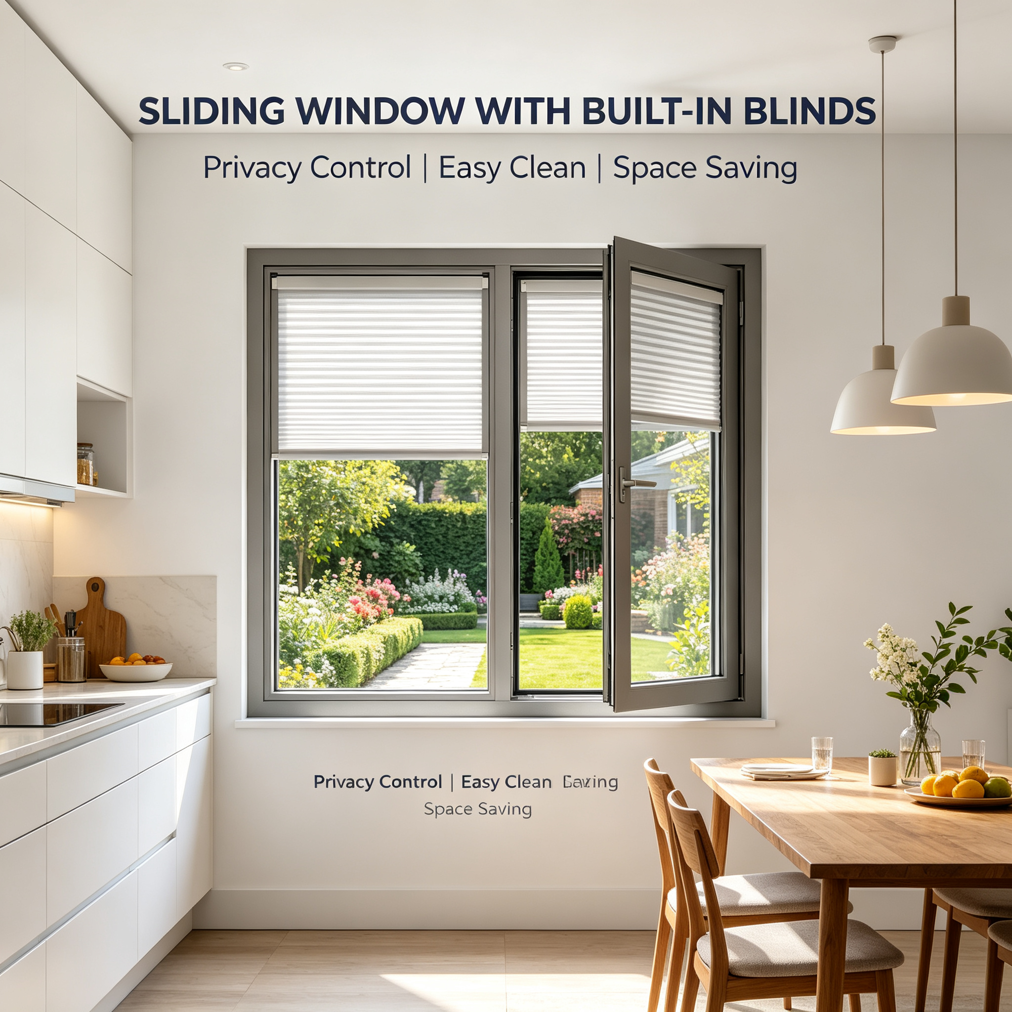Gray Aluminum Sliding Window with Built-In Integral Blinds &amp; Waterproof Modern House Balcony Living Room Design