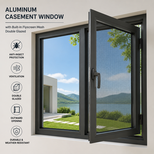 Aluminum Casement Window With Built-In Flyscreen Mesh Double Glazed