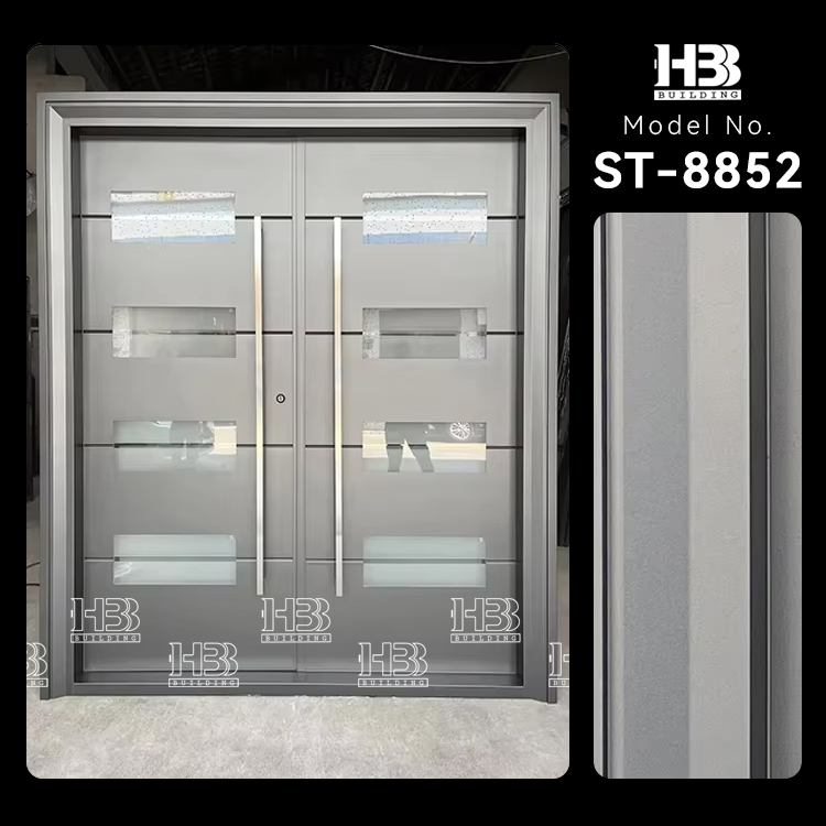 Modern Grey Design Prehung Aluminum Front Doors Waterproof Glass Inserted Metal For Villa Exterior Applications