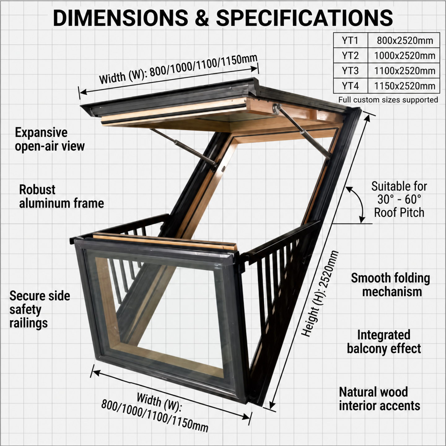 Modern Style Waterproof Aluminum Attic Skylight Roof Window Converts to Balcony Ventilation for Terrace Loft