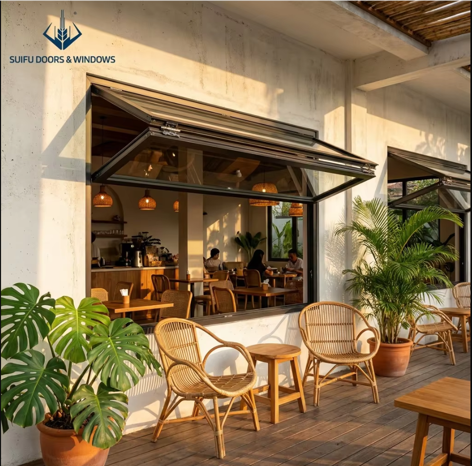 Modern Thermal Break Aluminum Bi-fold Window Pass Through Kitchen Window Push Up With Gas Strut Suspension Cafe Bar Counter