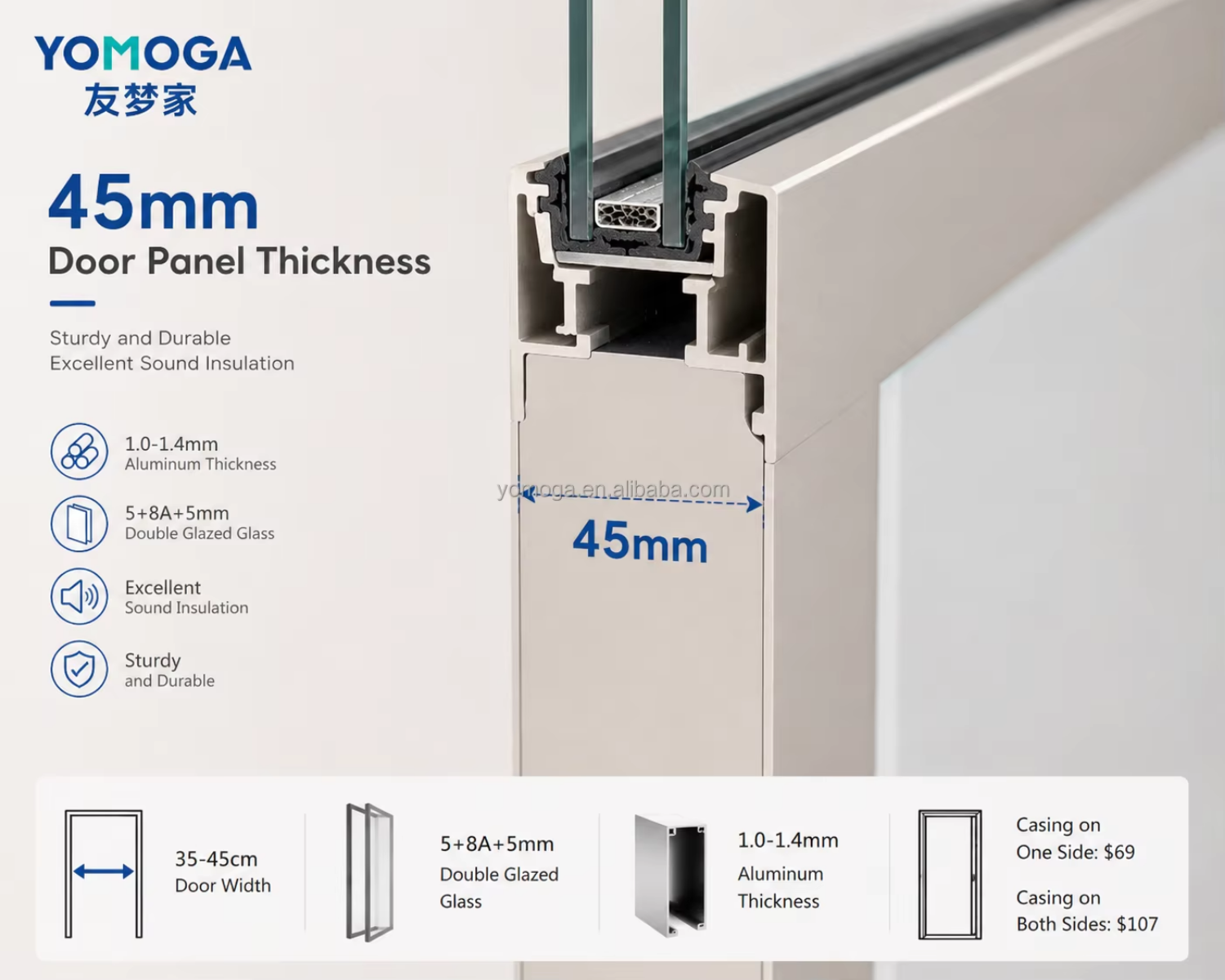 Frosted Glass Bathroom Door Slim Aluminum Frame Interior Door with Sound Insulation