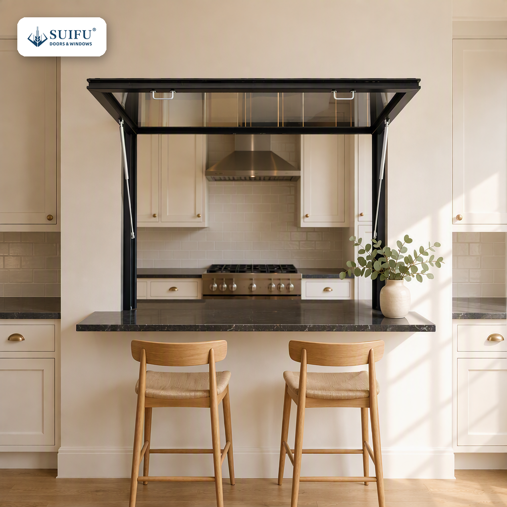 Aluminum Alloy Servery Window Gas Strut Pass Through Window Flip Up Awning Design Tempered Glass for Kitchen Cafe Bar