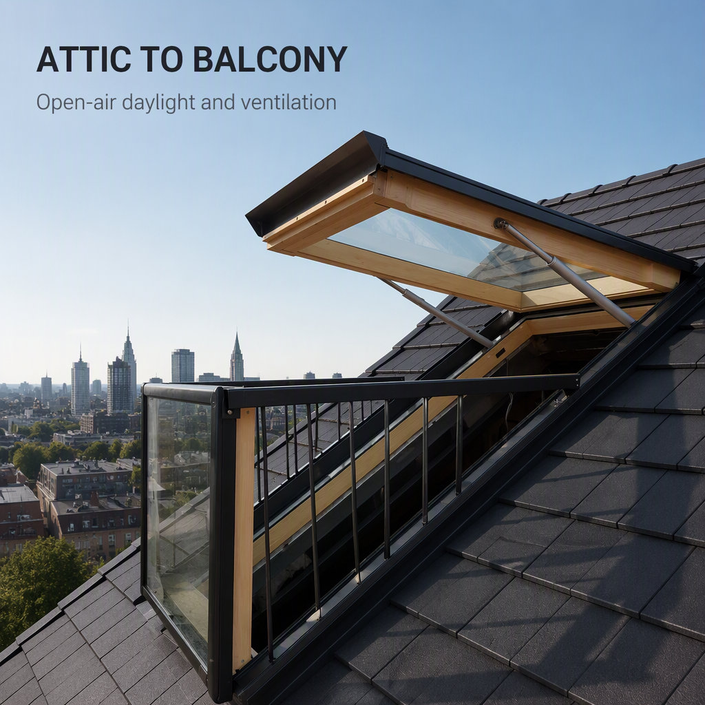 Modern Style Waterproof Aluminum Attic Skylight Roof Window Converts to Balcony Ventilation for Terrace Loft