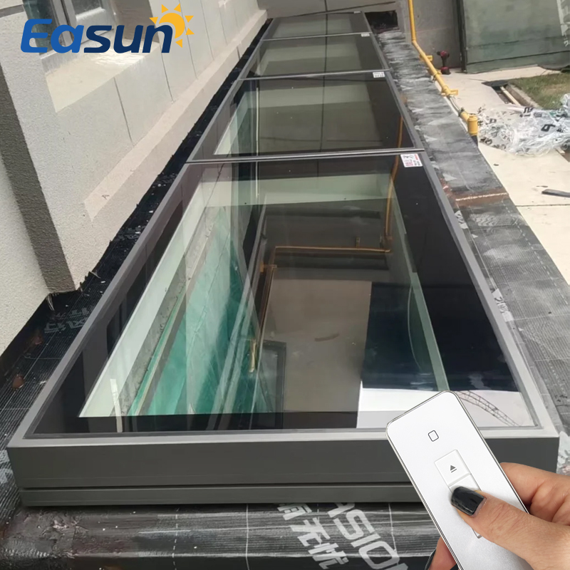 Electric Hinged Top Hung Skylight with Flashing Kit Aluminum Pitched Roof Window for Asphalt Shingle Roof Loft Vent