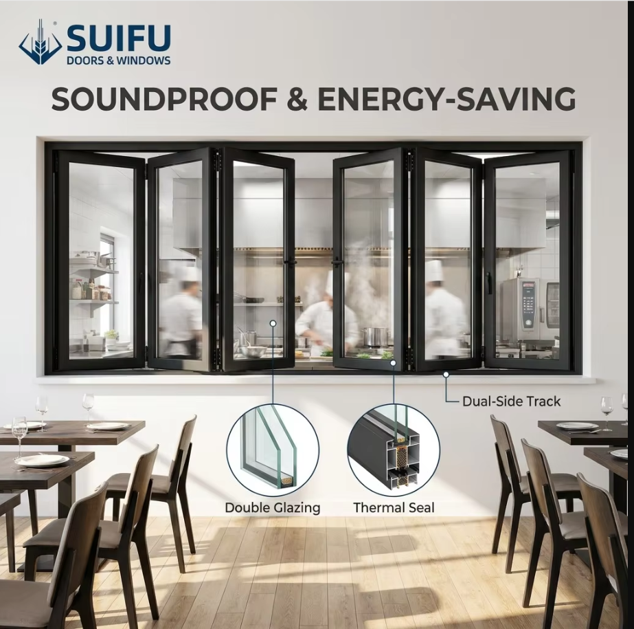 Kitchen Servery Horizontal Folding Window System Space-Saving Seamless Indoor-Outdoor Aluminum Window