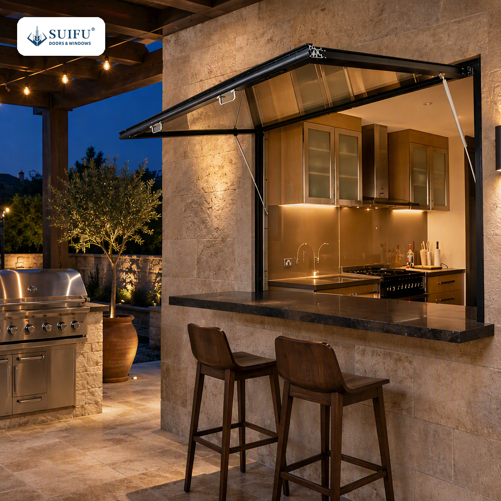 Aluminum Alloy Servery Window Gas Strut Pass Through Window Flip Up Awning Design Tempered Glass for Kitchen Cafe Bar