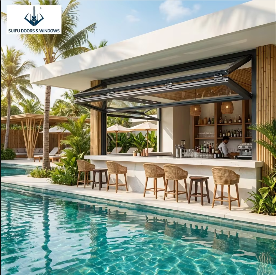 Modern Thermal Break Aluminum Bi-fold Window Pass Through Kitchen Window Push Up With Gas Strut Suspension Cafe Bar Counter