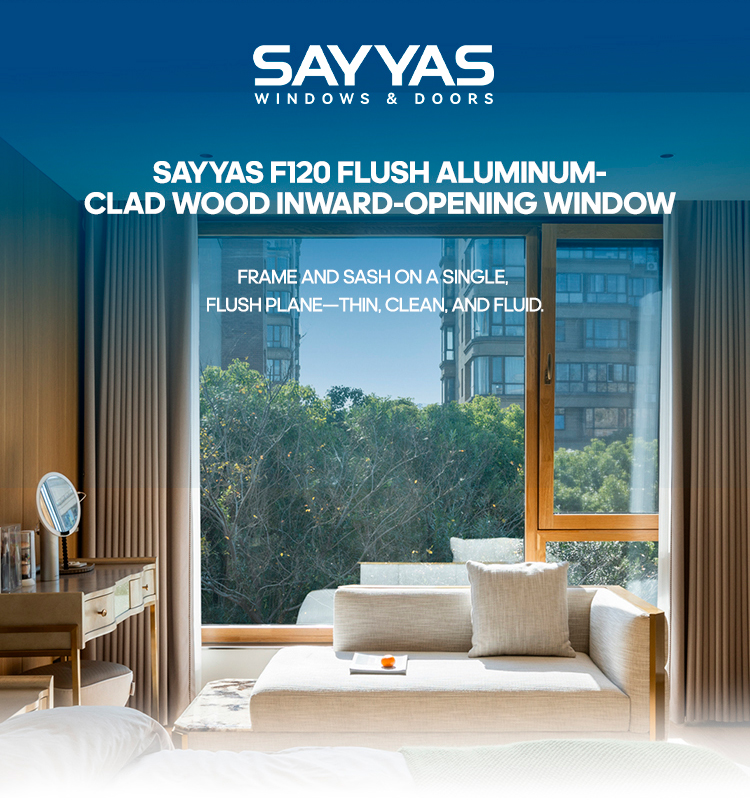Sayyas Windows F120 Modern Flush Design Energy Efficient Double Glazed Windows Aluminum Clad Wood Window Manufacturer China
