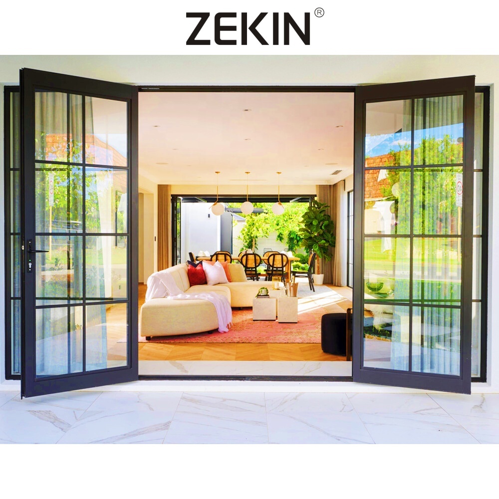 Zekin Black Grill Entrance Swing Doors French Door Aluminum Tempered Glass Casement Entry Door for Interior