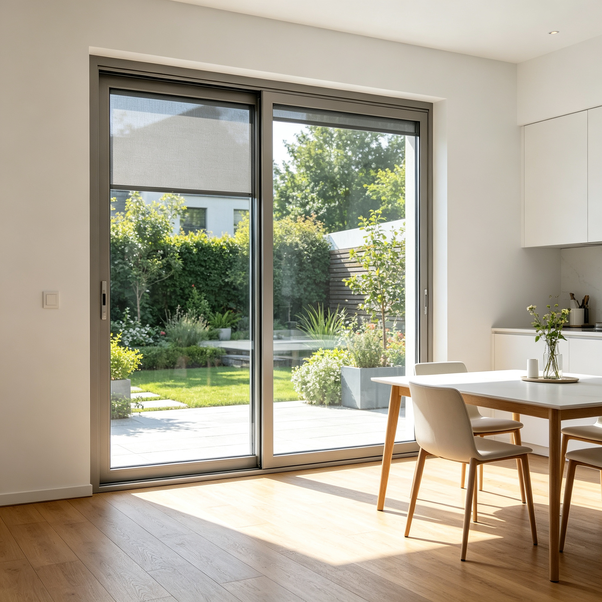 Gray Aluminum Sliding Window with Built-In Integral Blinds &amp; Waterproof Modern House Balcony Living Room Design