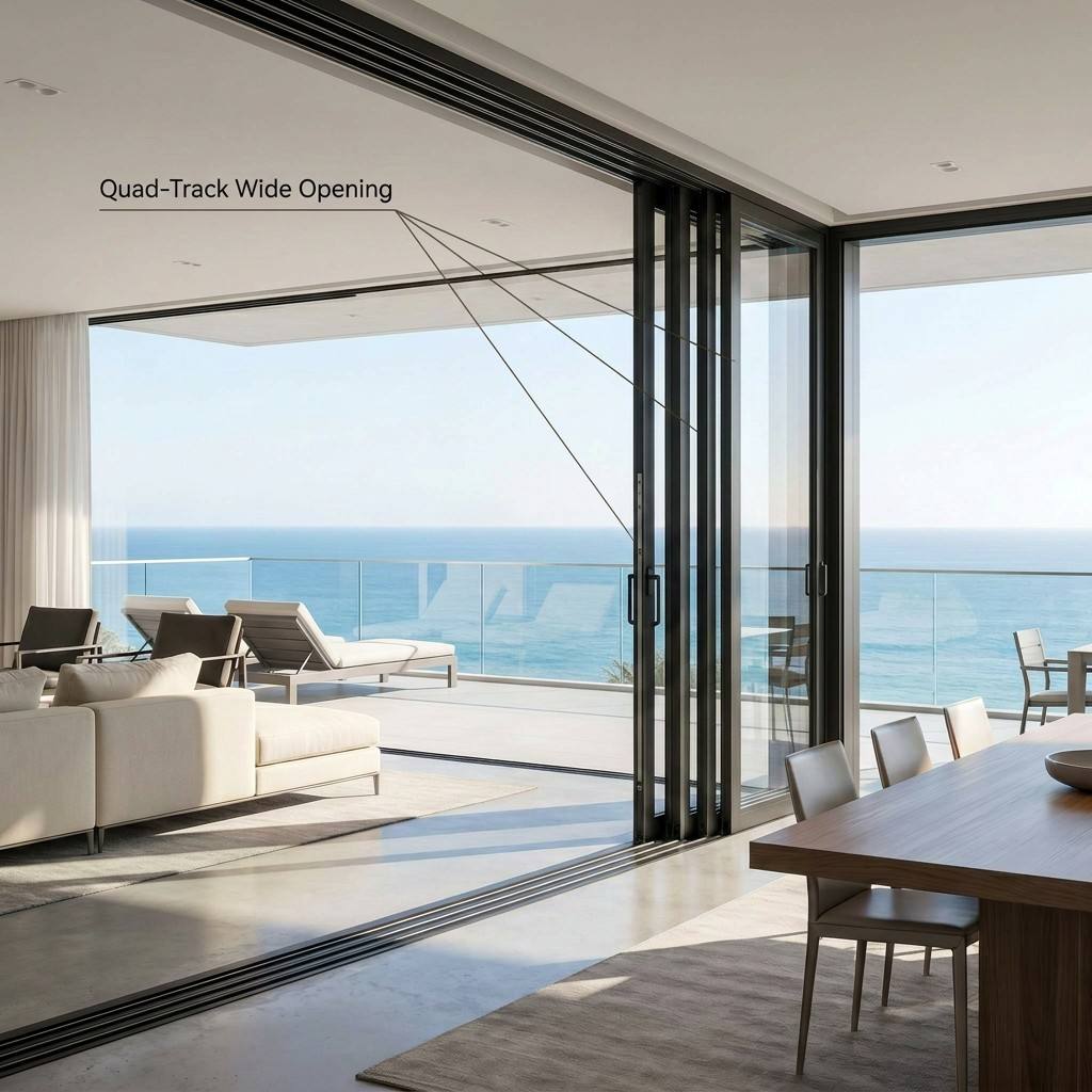 Triple Glazed Four Panel Sliding Door Four Track Thermal Insulated Energy Rated Draft-Proof Aluminum Door