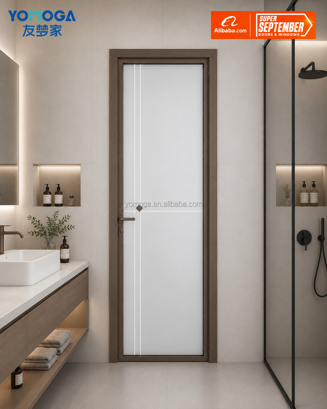 Frosted Glass Bathroom Door Slim Aluminum Frame Interior Door with Sound Insulation