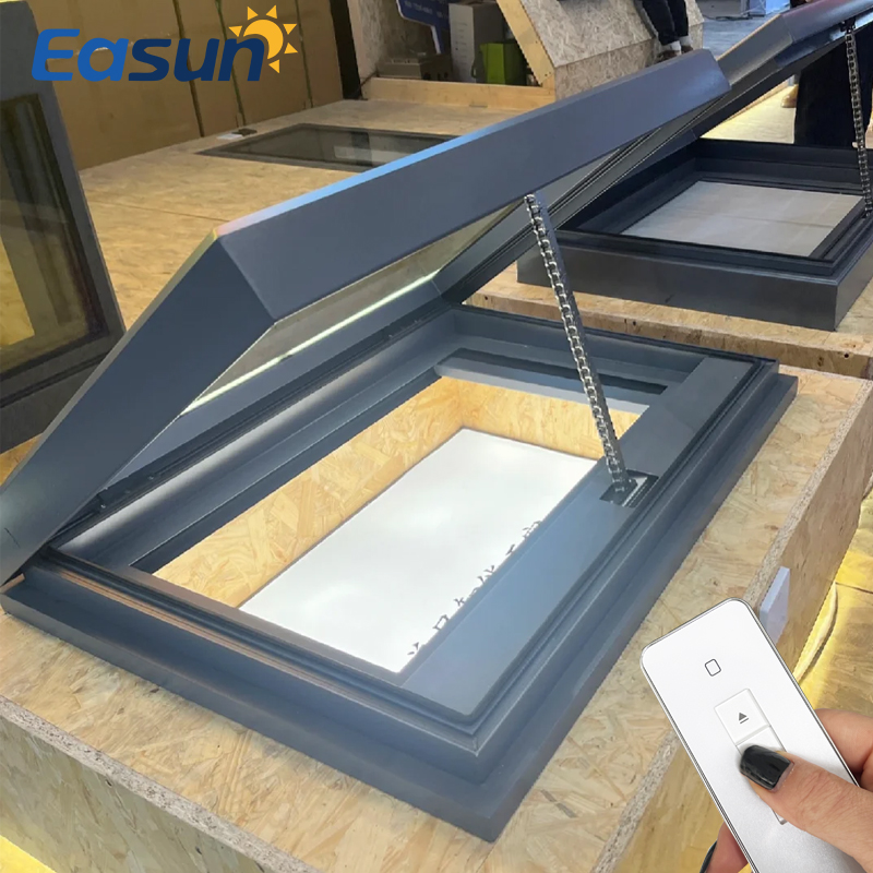 Electric Hinged Top Hung Skylight with Flashing Kit Aluminum Pitched Roof Window for Asphalt Shingle Roof Loft Vent