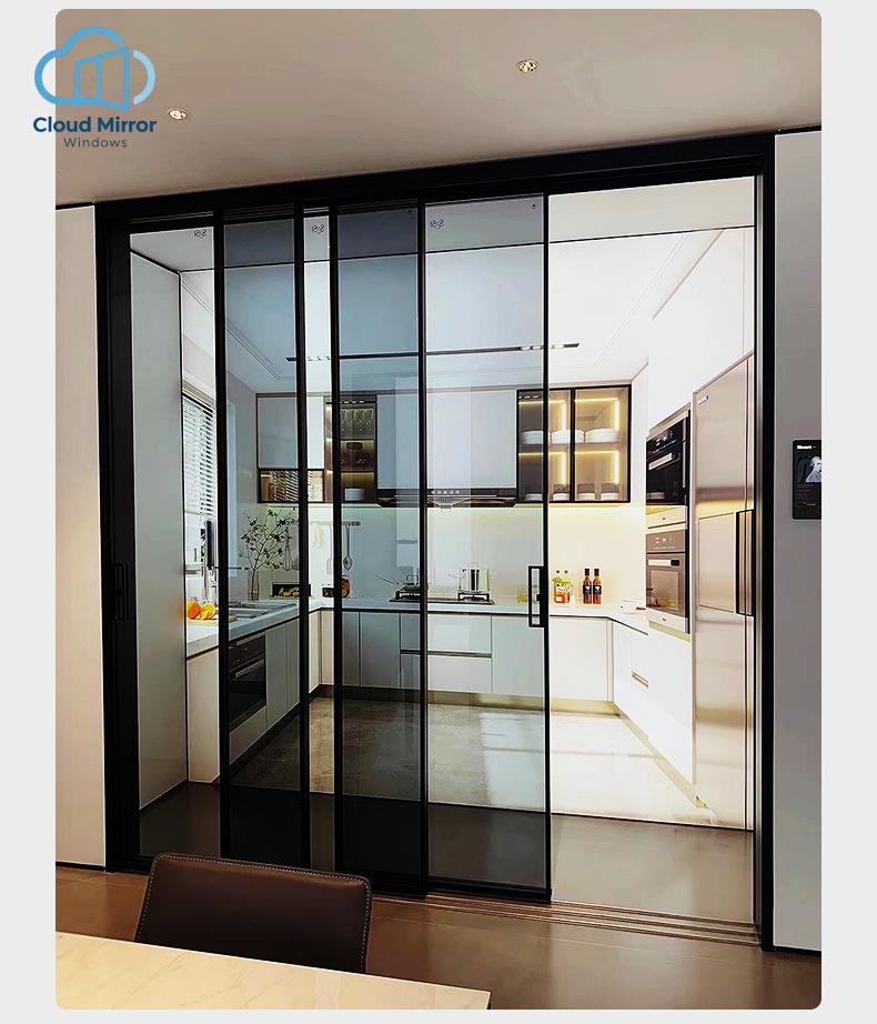 Three-Panel Ultra Slim Aluminium Interior Folding Doors Tinted Grey Tempered Glass Modern Water Resistant Apartment Large