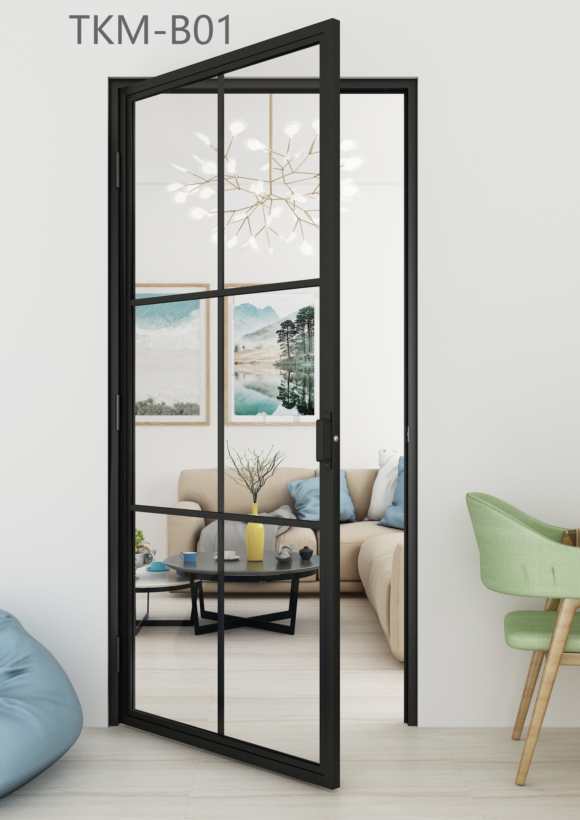 Interior French Loft Style Hinged Glass Door Swing Black Steel Frame Glass Barn Door