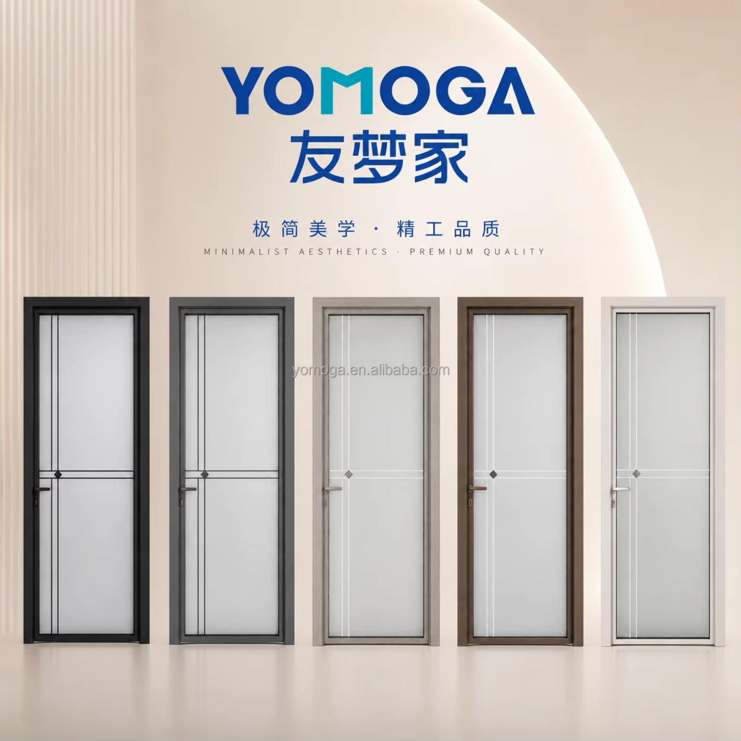 Frosted Glass Bathroom Door Slim Aluminum Frame Interior Door with Sound Insulation
